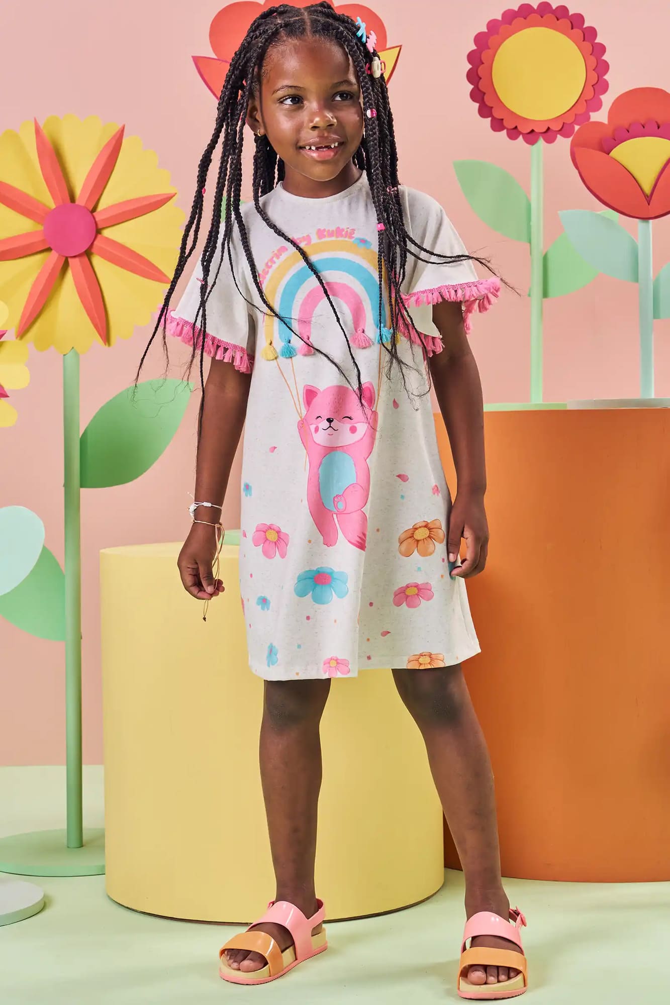 Vestido Infantil Kukiê Verão Off White Arco-Íris