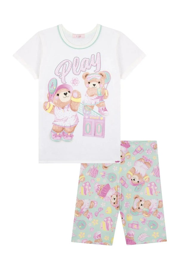 Conjunto Infantil Kukiê Verão com Shorts Ciclista Verde e Blusa Branca Ursinhas Tênista