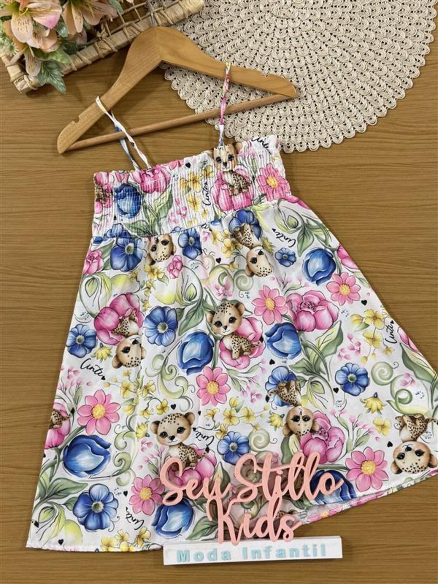 Vestido Infantill Cinti Verão com Alça Branco Oncinha Floral