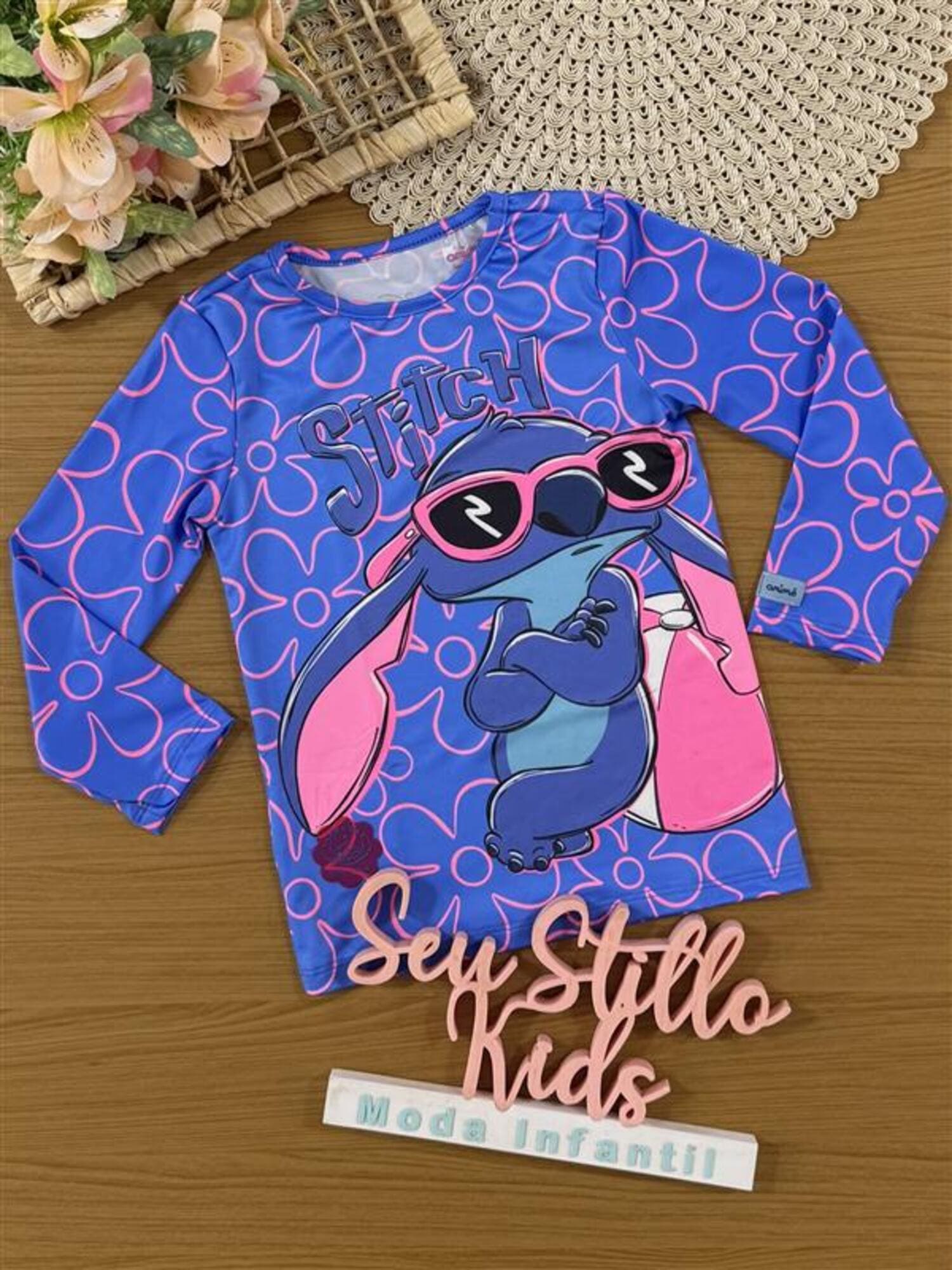 Blusa Infantil Animê Verão Manga Longa Azul Stitch