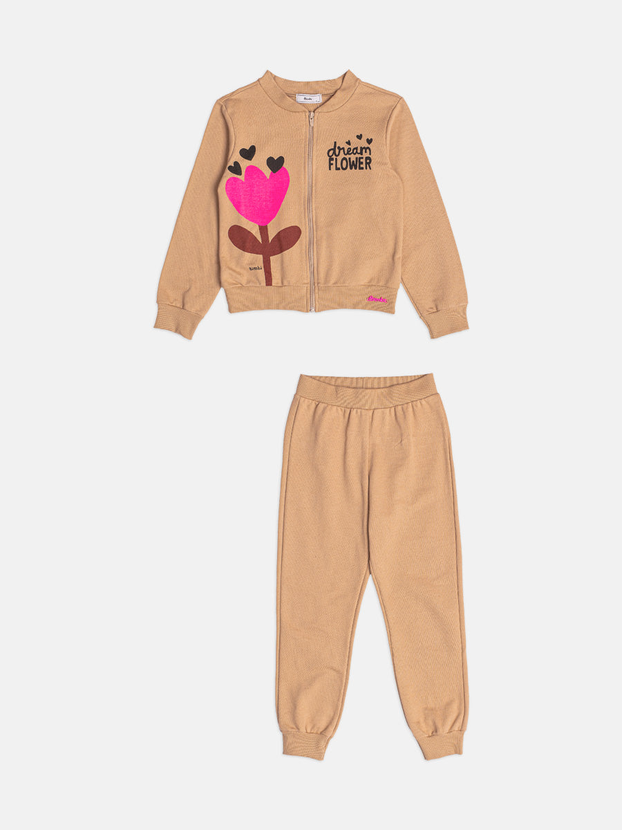 Conjunto Infantil Bimbi Inverno com Calça e Jaqueta sem Flanela Bege Flower