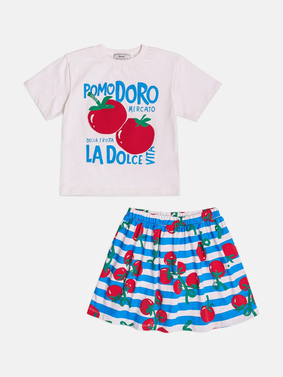 Conjunto Infantil Menina Bimbi com Saia Listrada Azul e Blusa Branca Tomatinhos