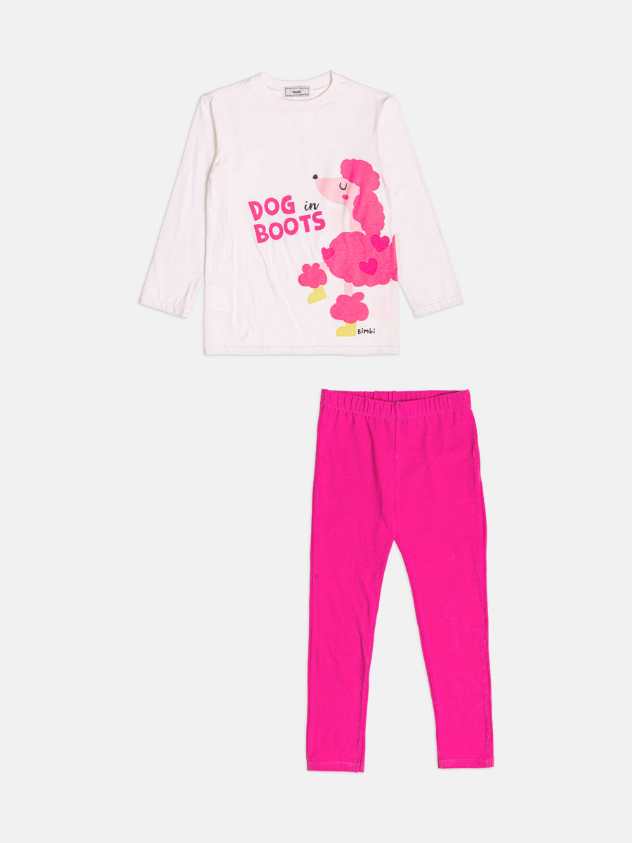 Conjunto Infantil Bimbi Inverno com Calça Legging Rosa e Blusa Manga Longa Cachorrinha