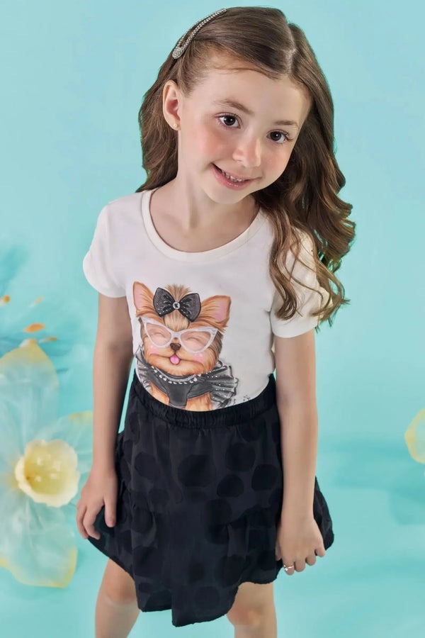 Conjunto Infantil Kukiê Verão com Saia Preta e Blusa Branca Cachorrinha
