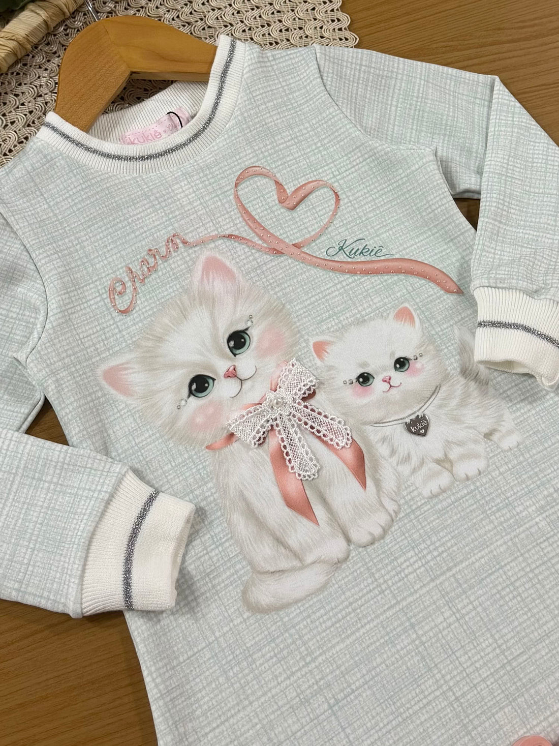 Vestido Infantil Kukiê Inverno Azul Gatinhas Lacinho