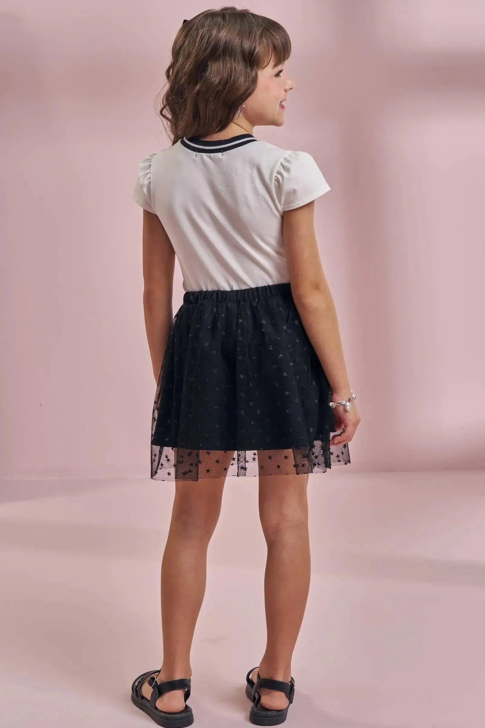 Conjunto Infantil Menina Kukiê com Saia em Tule Preta Estrelinha e Blusa Gatinha Strass