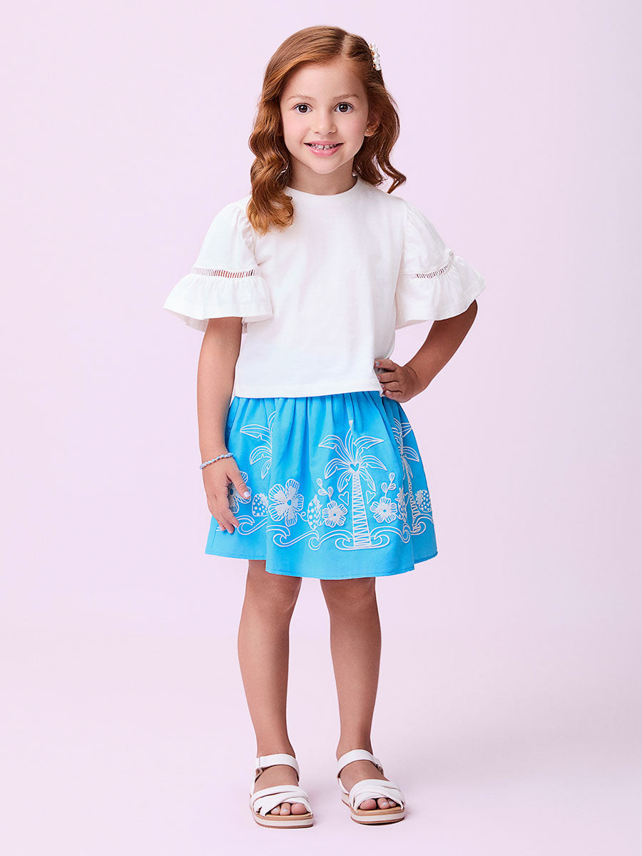 Conjunto Infanti Momi Verão Com Saia Azul Flores e Blusa Branca