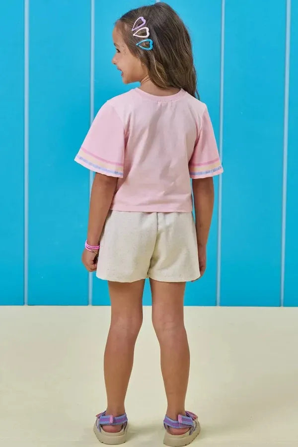 Conjunto Infantil Menina Kukiê com Shorts e Blusa Rosa Florzinha
