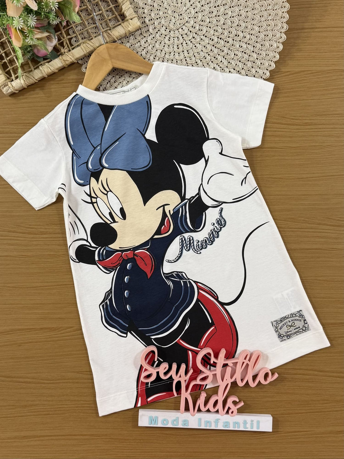 Vestido Infantil Animê Verão Branco Minnie com Lenço Disney