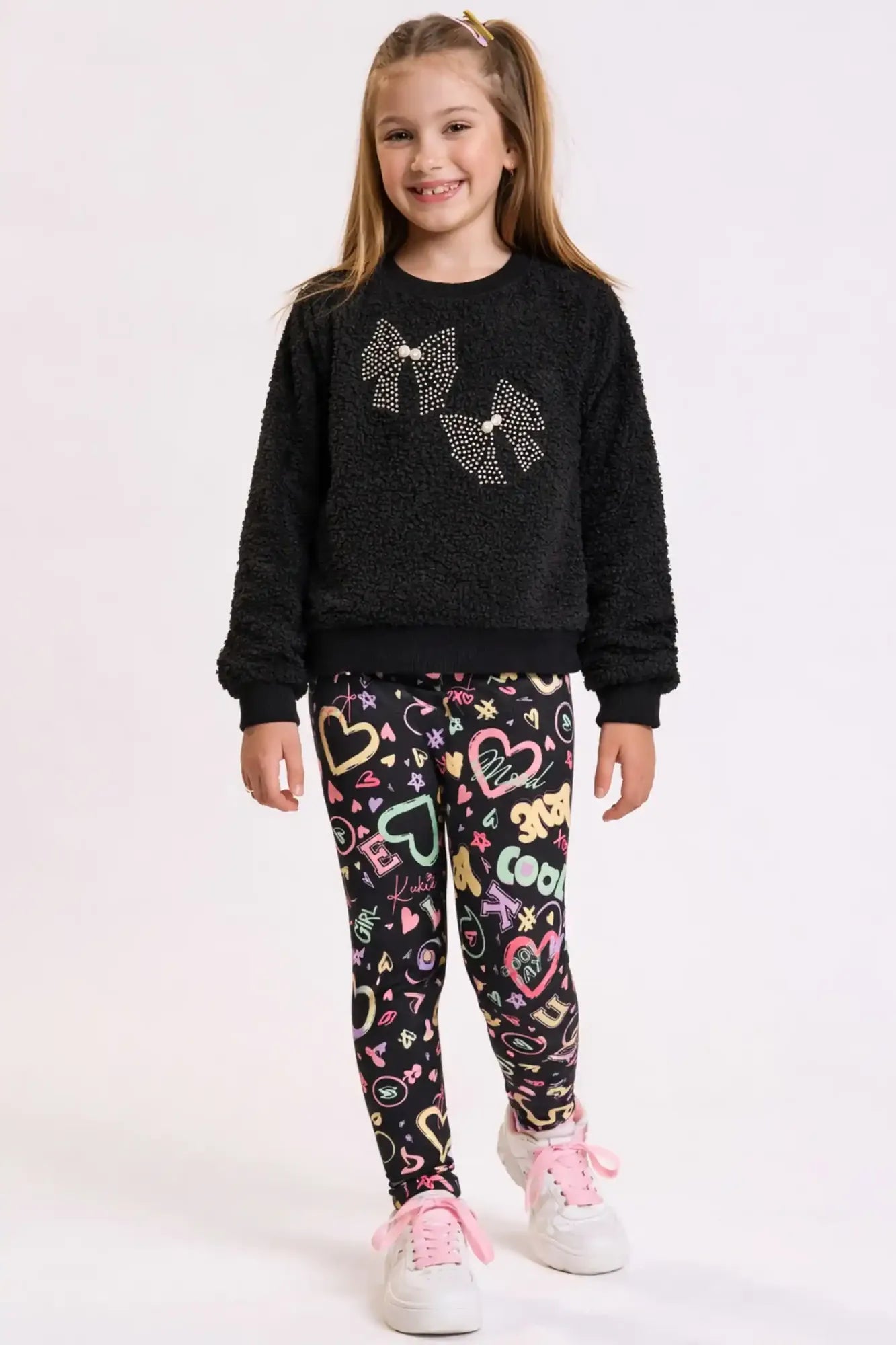 Conjunto Infantil Kukiê com Calça e Casaco Manga Longa Preta Laços