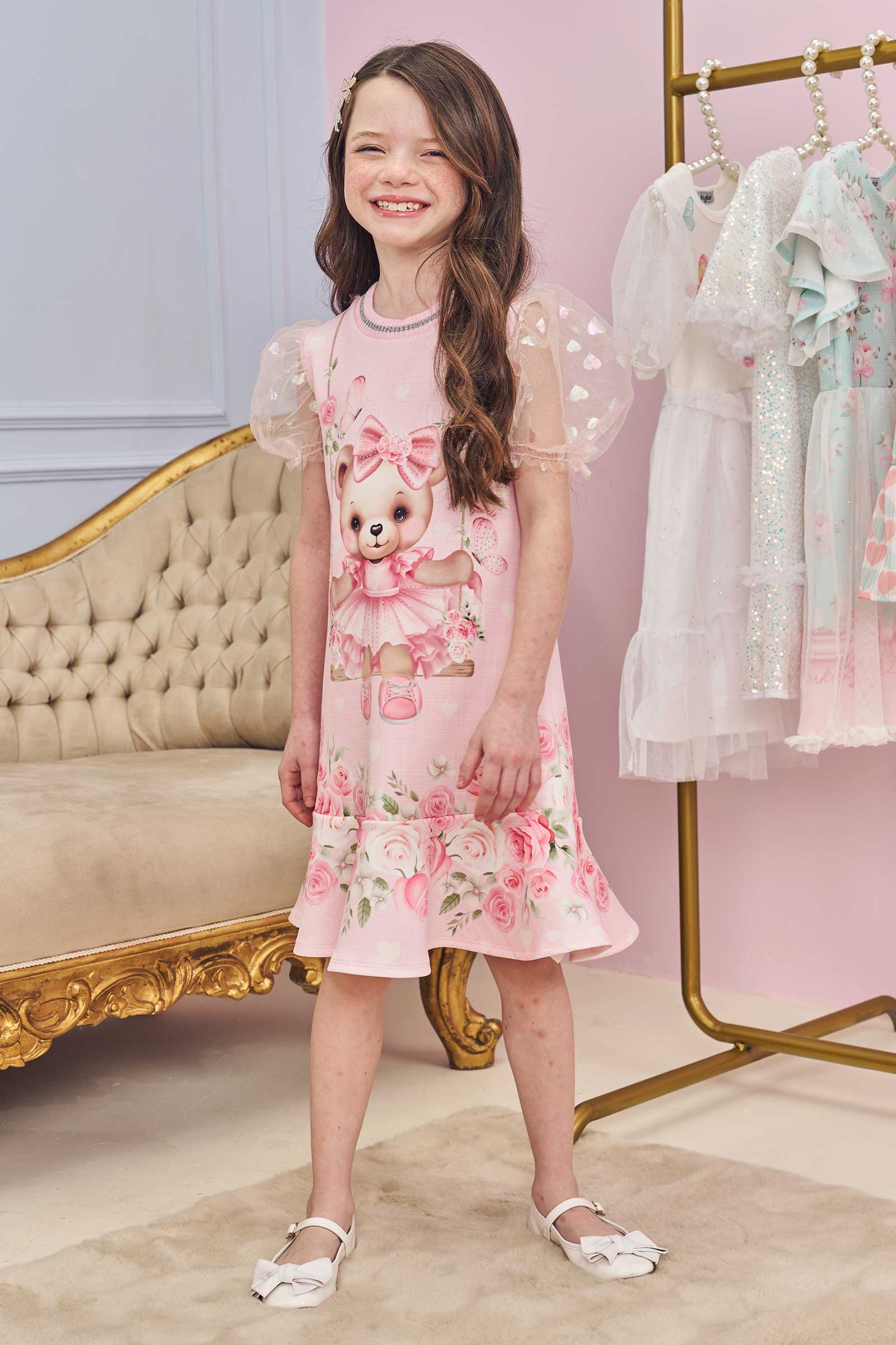 Vestido Infantil Kukie Verão Rosa Ursinha Fofa
