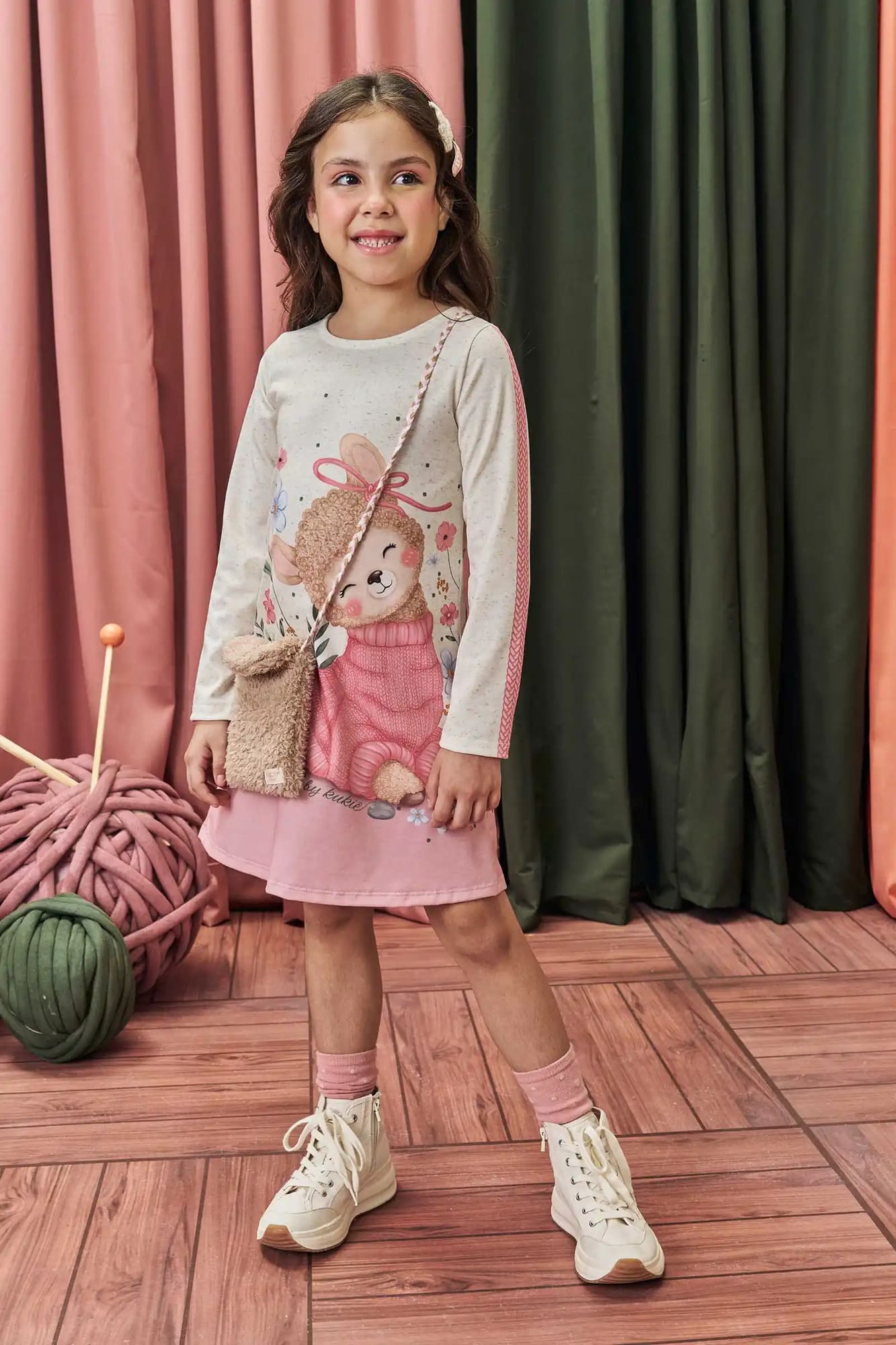 Vestido Infantil Kukiê Alecrim Inverno Off White Lhama com Bolsinha