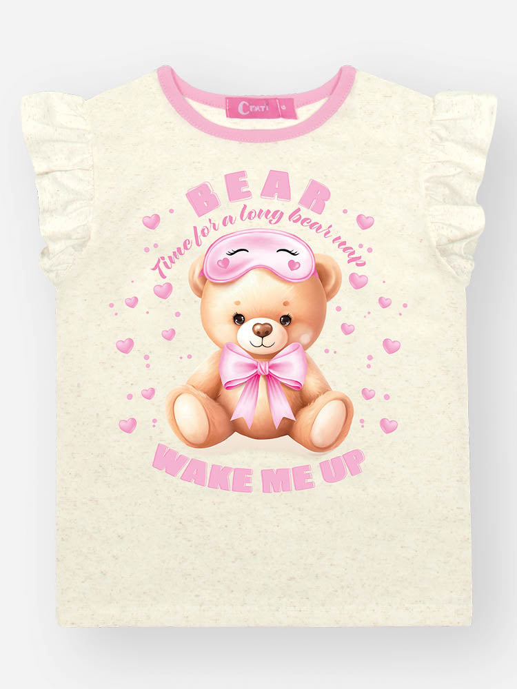 Pijama Infantil Cinti Verão Shorts Rosa e Blusa Off White Ursinho Wake Me Up