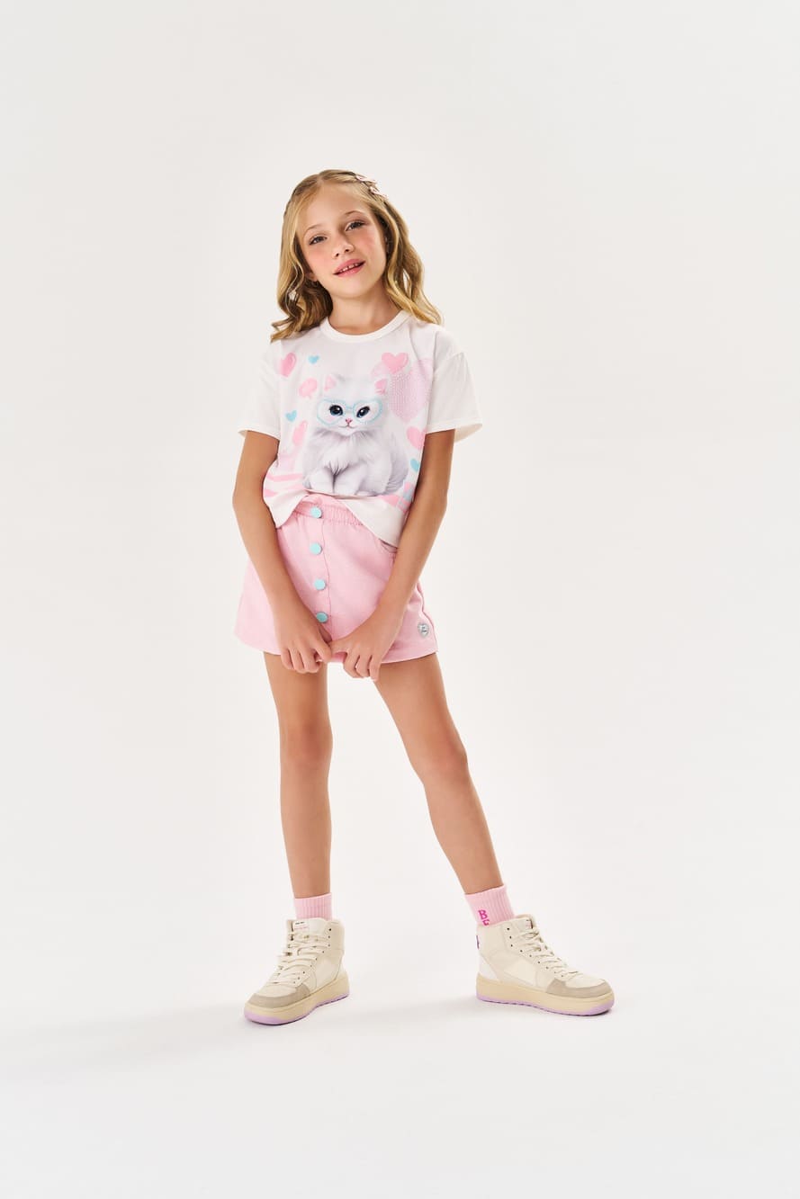 Conjunto Infantil Cinti Verão Shorts Saia Rosa e Blusa Gatinha