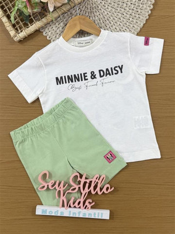Conjunto Infantil Animê com Shorts Ciclista Verde e Blusa Branca Minnie e Daisy