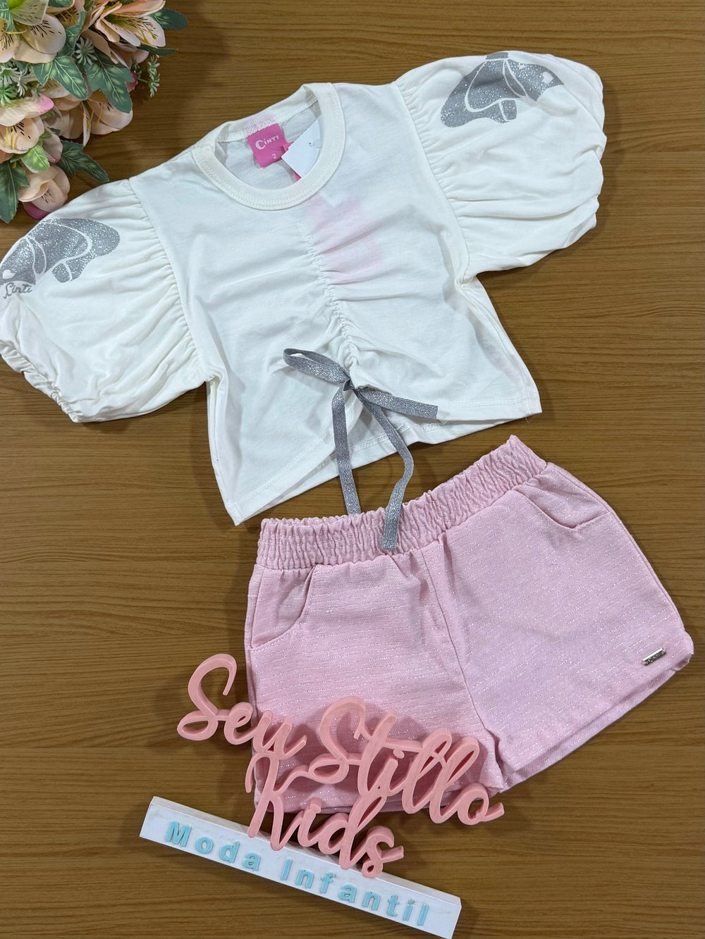 Conjunto Infantil Cinti Verão Shorts Rosa e Blusa Borboleta Glitter