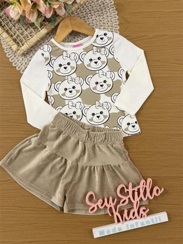Conjunto Infantil Cinti Inverno com Shorts e Blusa Manga Longa Bege Ursinhos