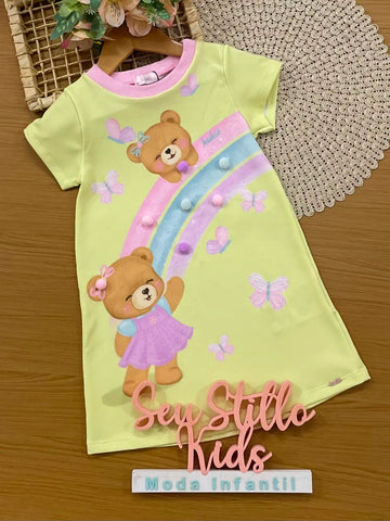Vestido Infantil Kukiê Amarelo Ursinho com Pompom
