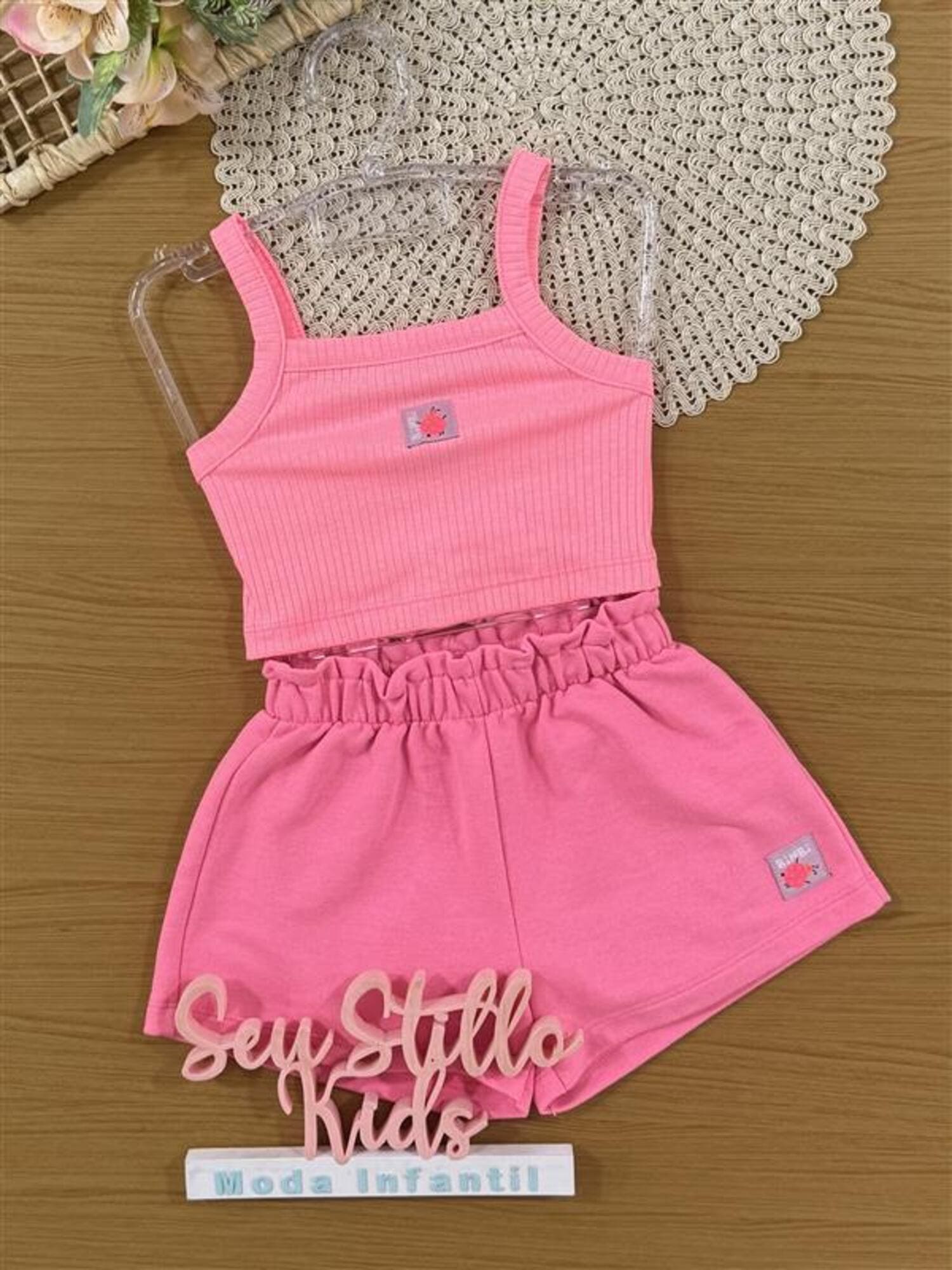 Conjunto Infantil Bimbi Verão com Shorts e Regata Rosa Joaninha