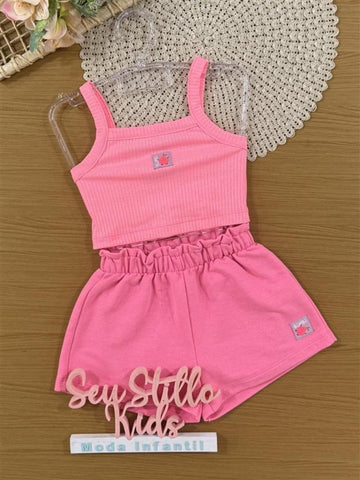 Conjunto Infantil Bimbi Verão com Shorts e Regata Rosa Joaninha