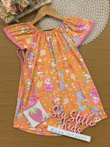 Vestido Infantil Kukiê Verão Laranja Festa dos Animais com Bolsinha