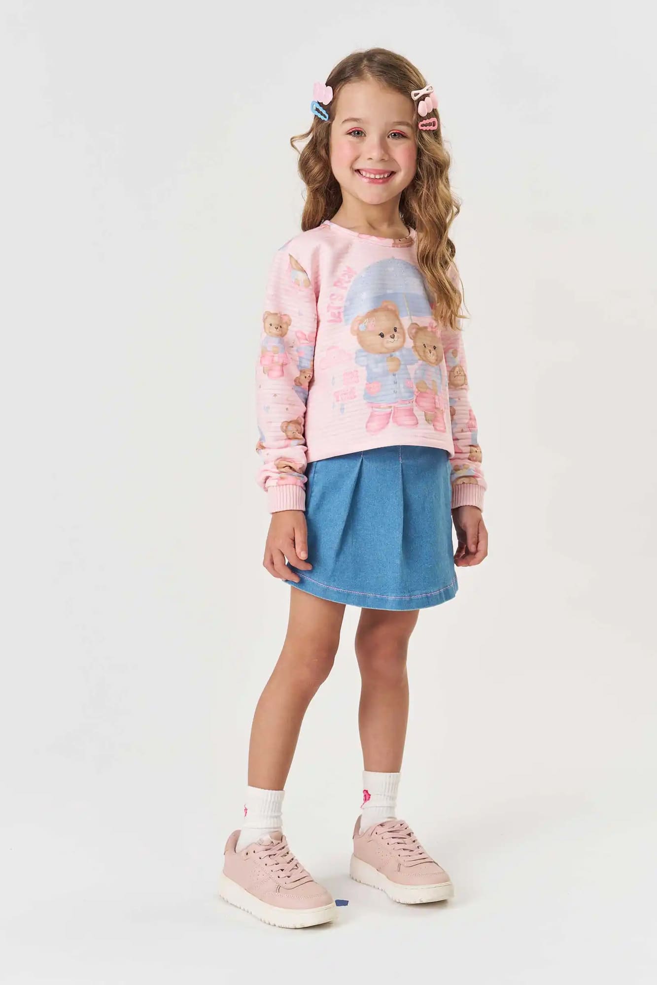 Conjunto Infantil Kukiê Inverno com Shorts Saia Jeans e Blusa Manga Longa Rosa Ursinhas