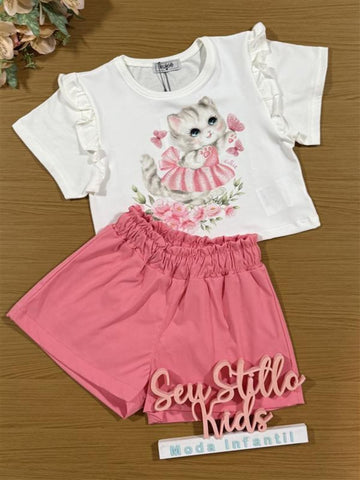 Conjunto Infantil Kukiê com Shorts Rosa e Blusa Manga Curta Gatinha com Strass