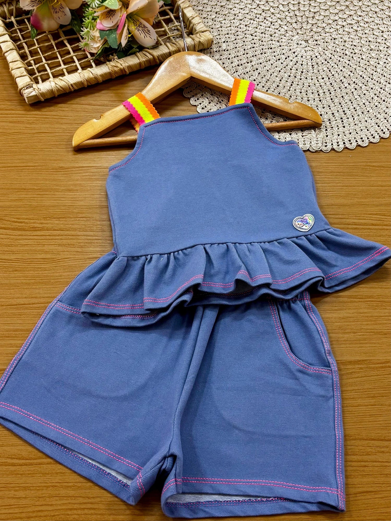 Conjunto Infantil Menina Cinti com Shorts e Blusa Azul Claro