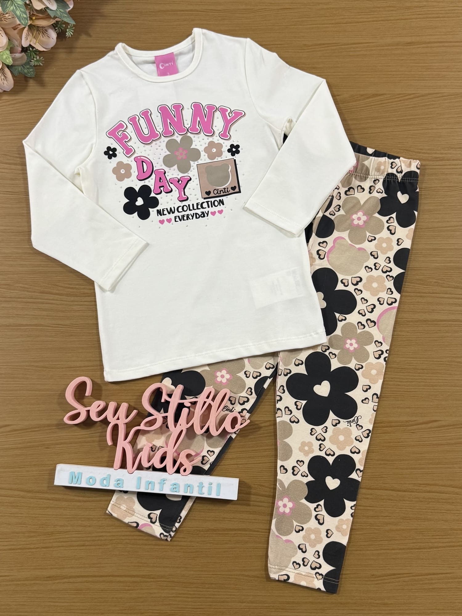 Conjunto Infantil Cinti Inverno Legging e Blusa Manga Longa Branca Floral