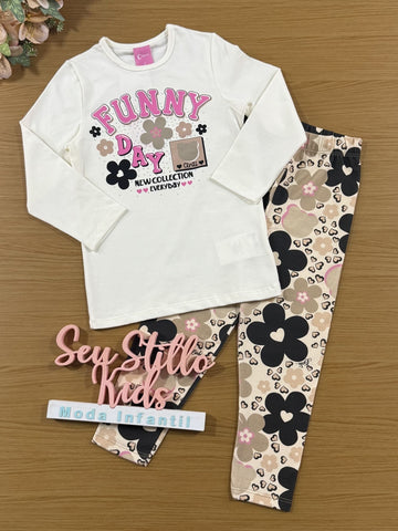 Conjunto Infantil Cinti Inverno Legging e Blusa Manga Longa Branca Floral