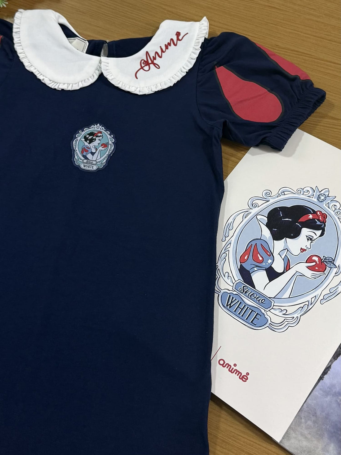 Vestido infantil Animê Manga Curta Azul Marinho Branca de Neve Disney
