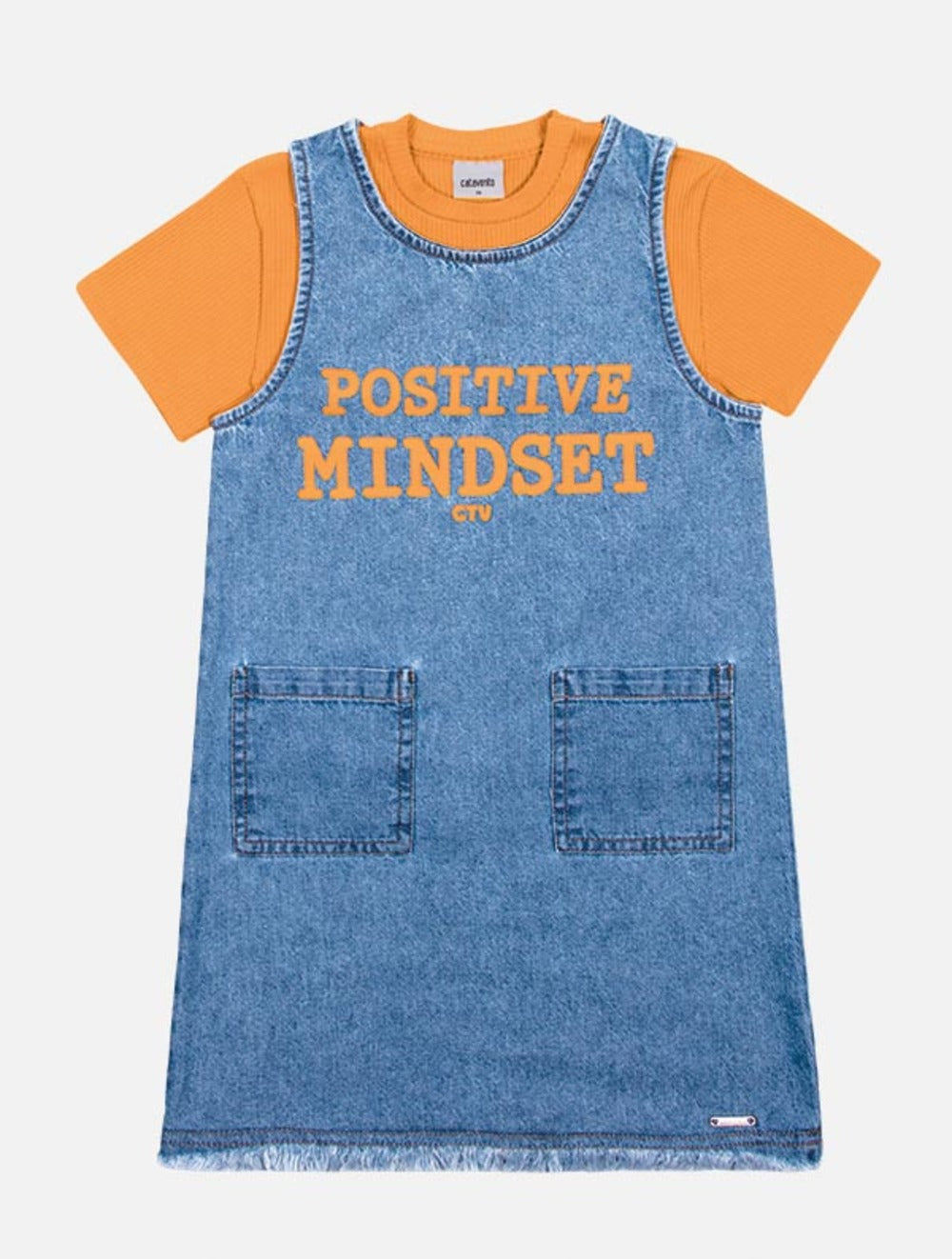 Conjunto Infantil Catavento Verão Blusa Canelado Laranja e Vestido Jeans