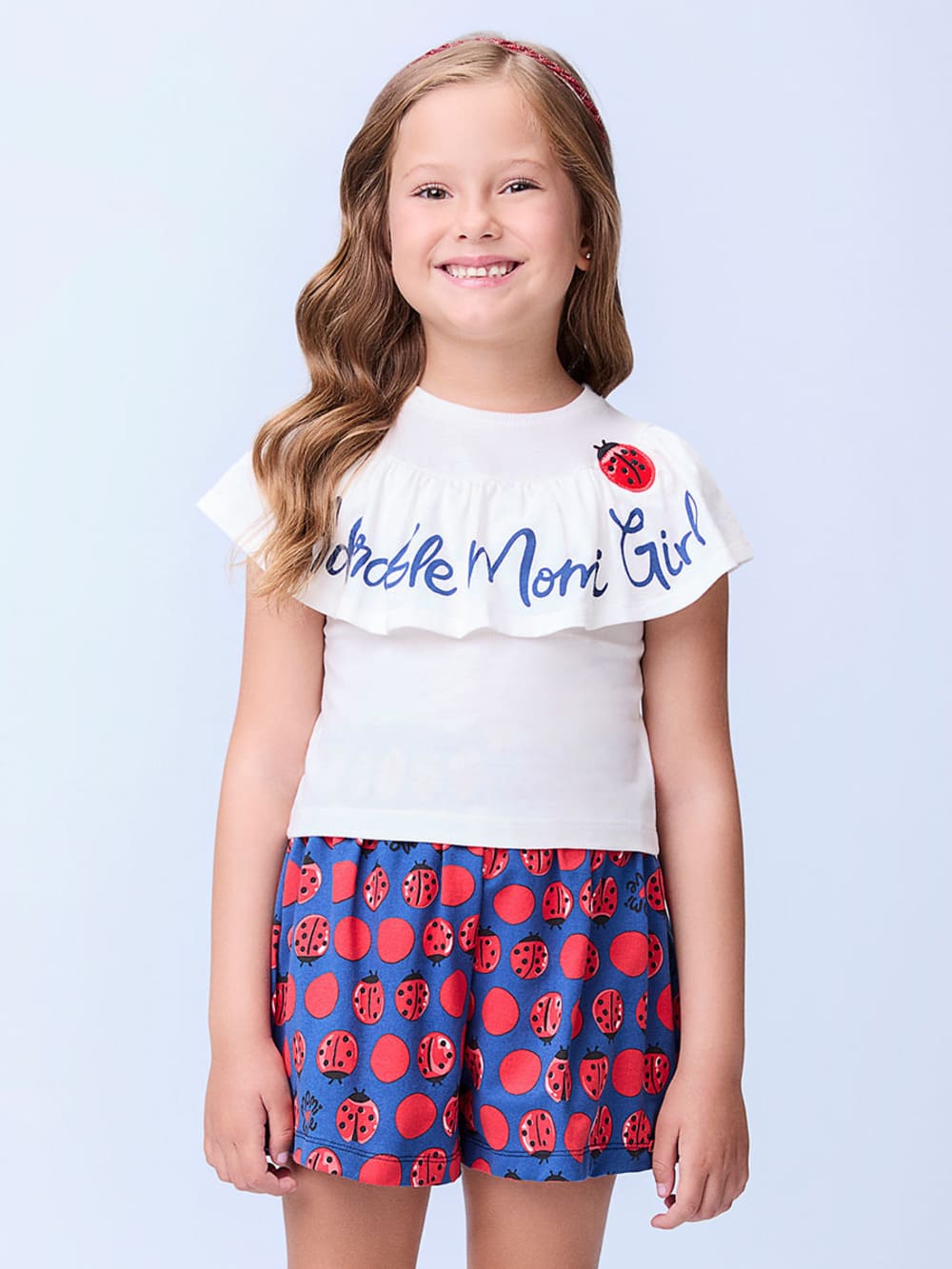 Conjunto Infantil Momi Verão Shorts Azul Joaninha e Blusa