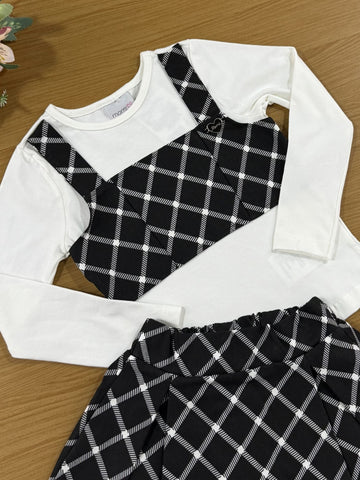 Conjunto infantil Momi Inverno Saia Preta Xadrez e Blusa Manga Longa