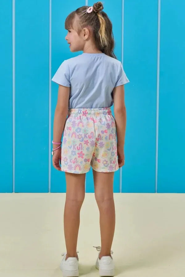 Conjunto Infantil Menina Kukiê com Shorts e Blusa Azul Flozinha Arco-íris