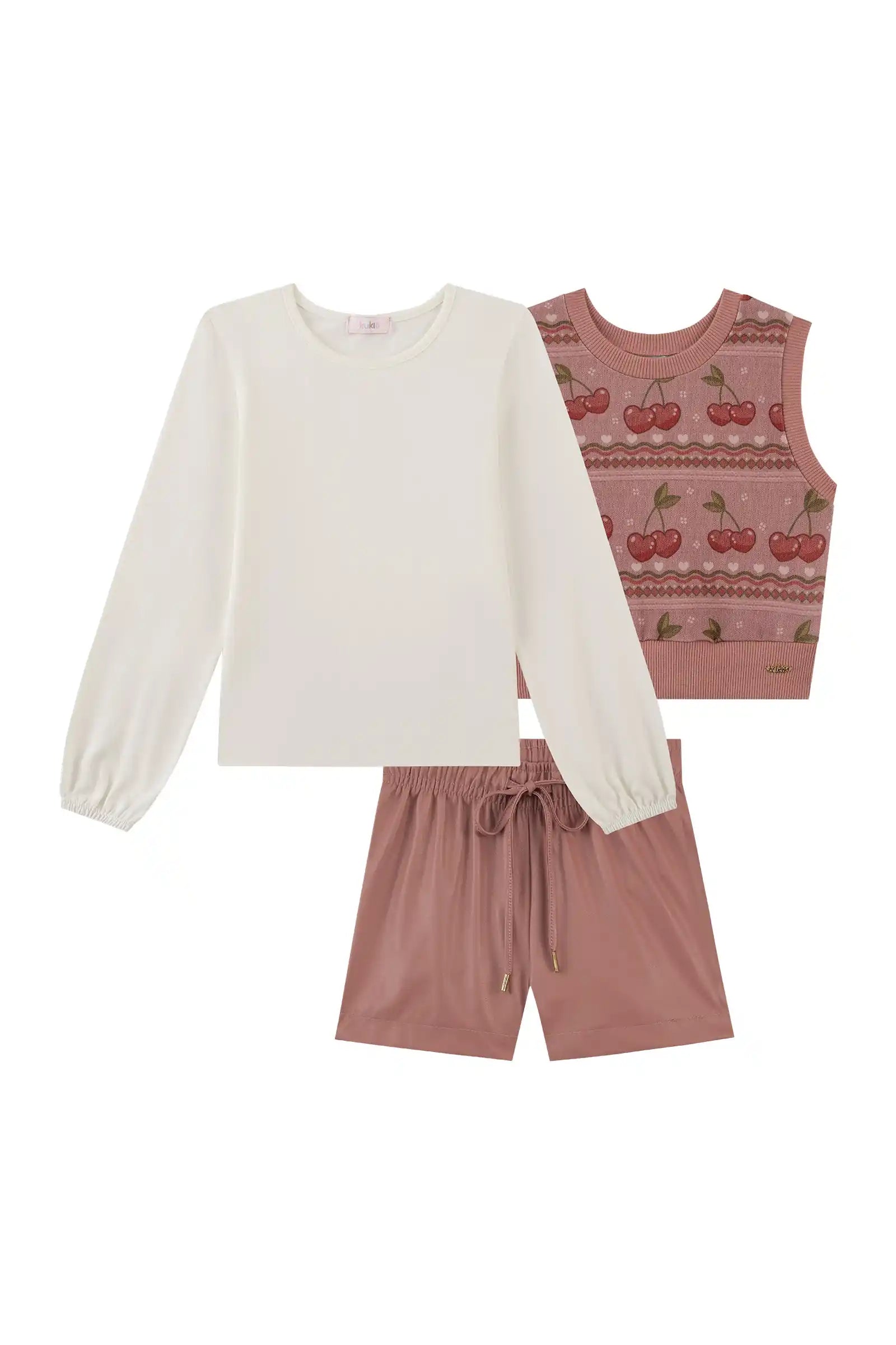 Conjunto Infantil Kukiê Inverno com Shorts Rosa, Blusa Manga Longa e Colete Cerejinha