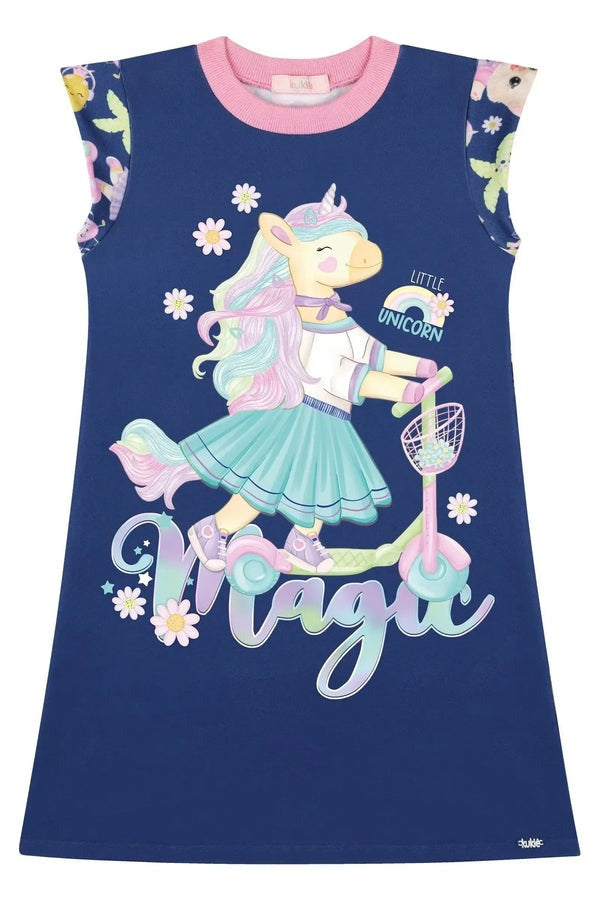 Vestido Infantil Kukiê Verão Azul Unicórnio