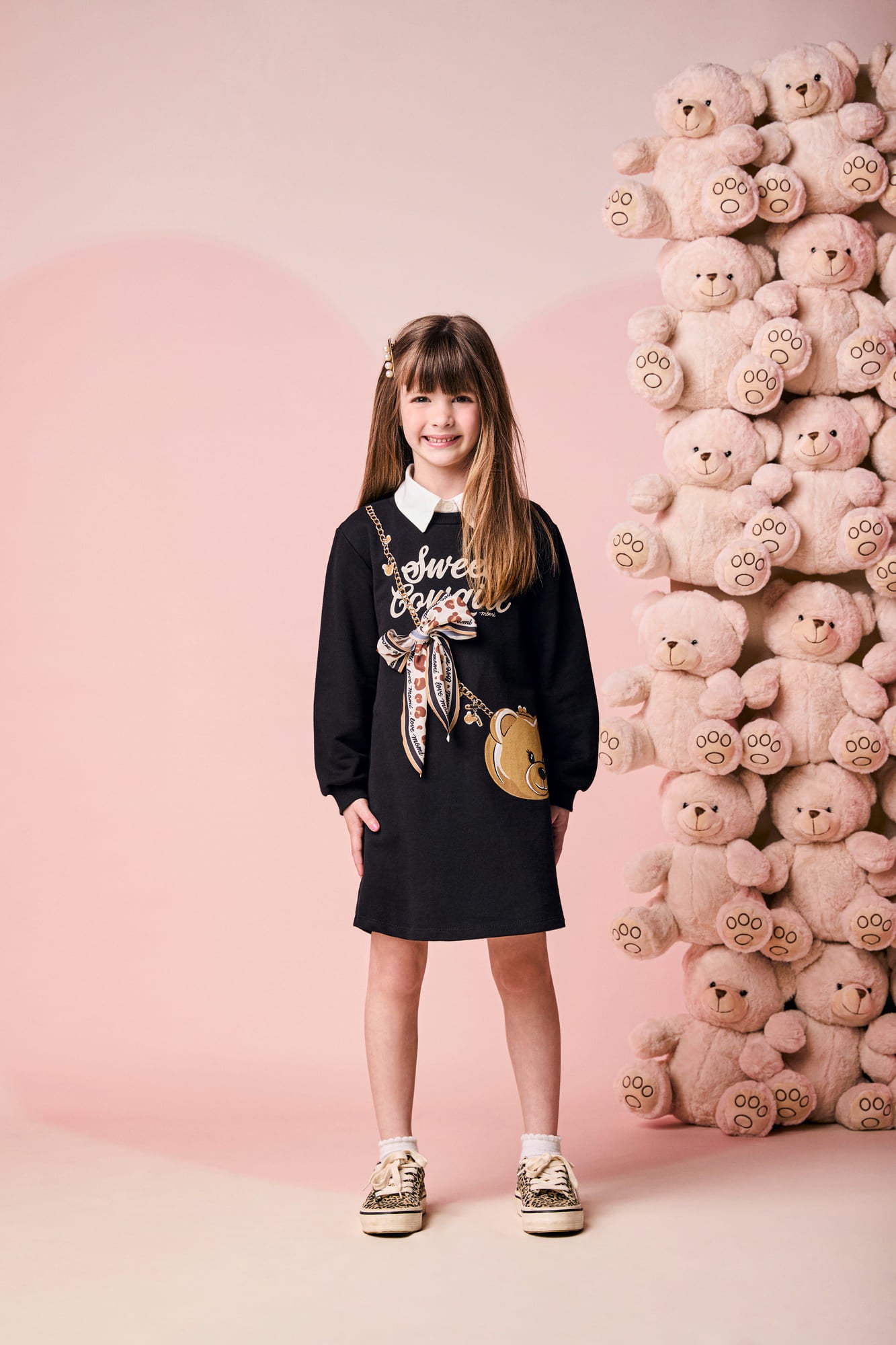 Vestido Infantil Momi Inverno Manga Longa Preto Ursinho Lacinho