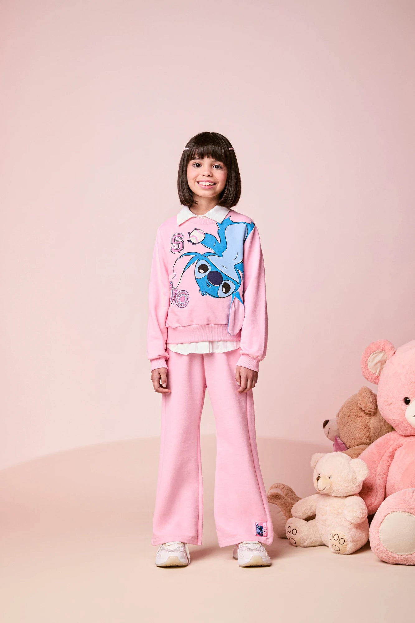 Conjunto Infantil Momi Inverno com Calça e Moletom sem Flanela Rosa Stitch Friends Disney
