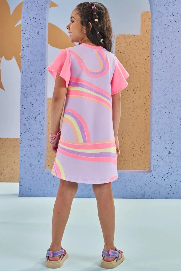 Vestido Infantil Kukiê Verão Lilás Flamingo Arco-íris