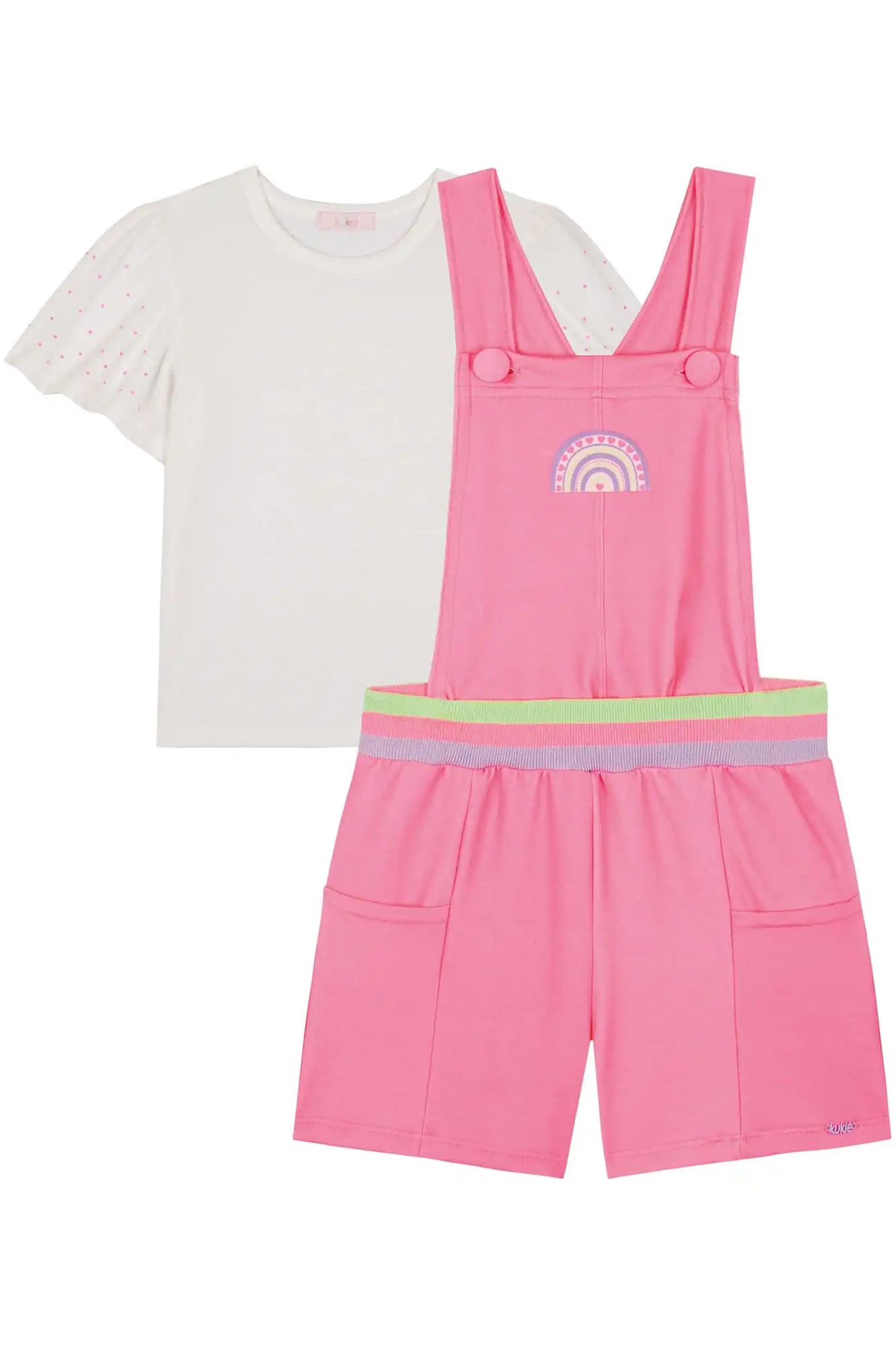 Jardineira Infantil Kukiê Verão Rosa Arco-íris e Blusa Branca