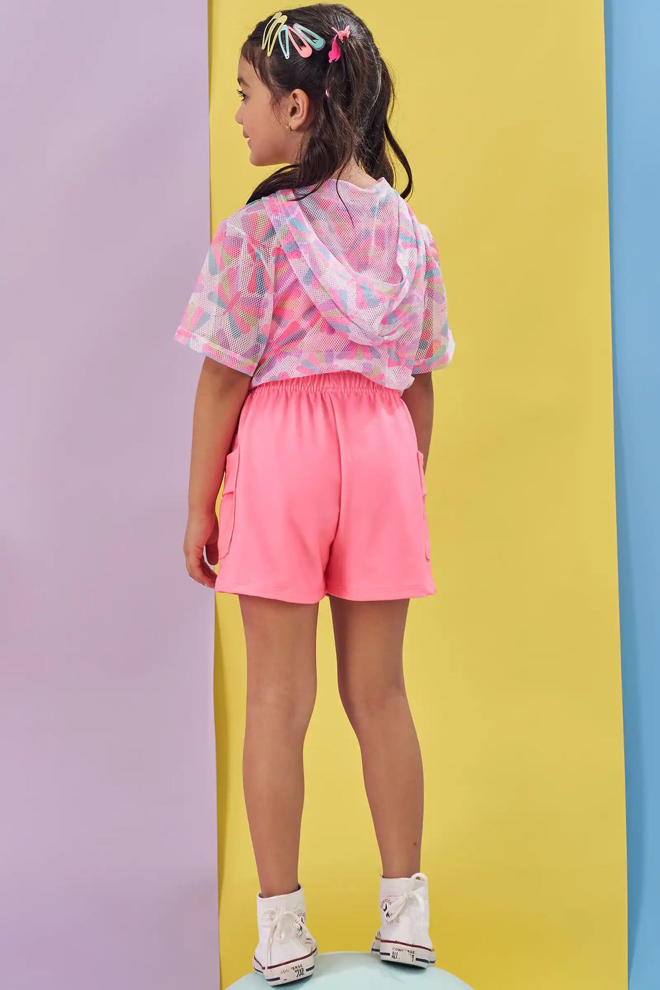 Conjunto Infantil Kukiê Verão com Shorts, Cropped Rosa e Sobreposição em Tule Borboleta