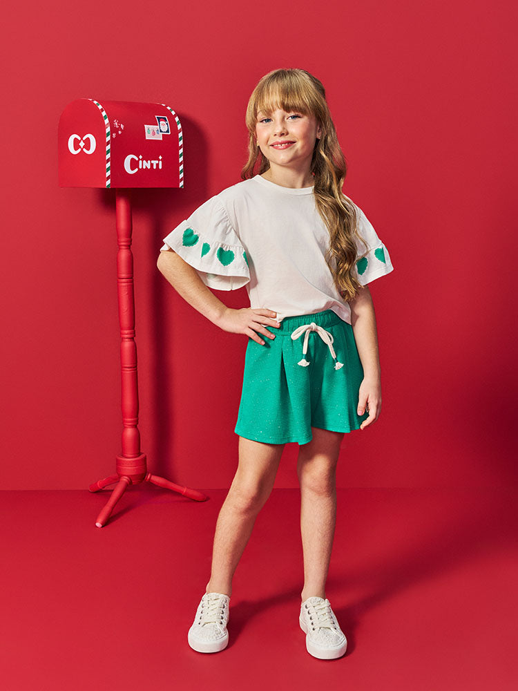 Conjunto Infantil Cinti Verão Shorts Verde com Brilho e Blusa Branca Corações