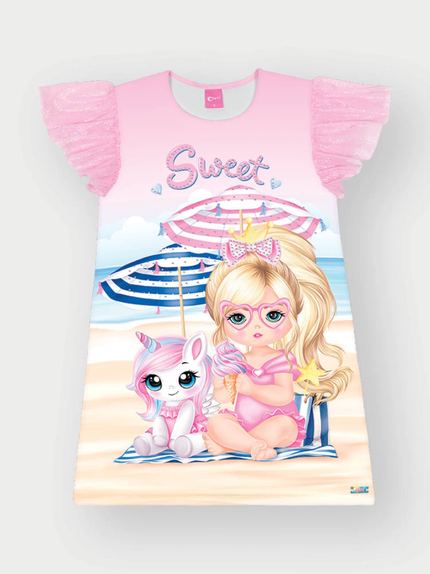 Vestido Infantil Cinti Verão Rosa Unicórnio na Praia