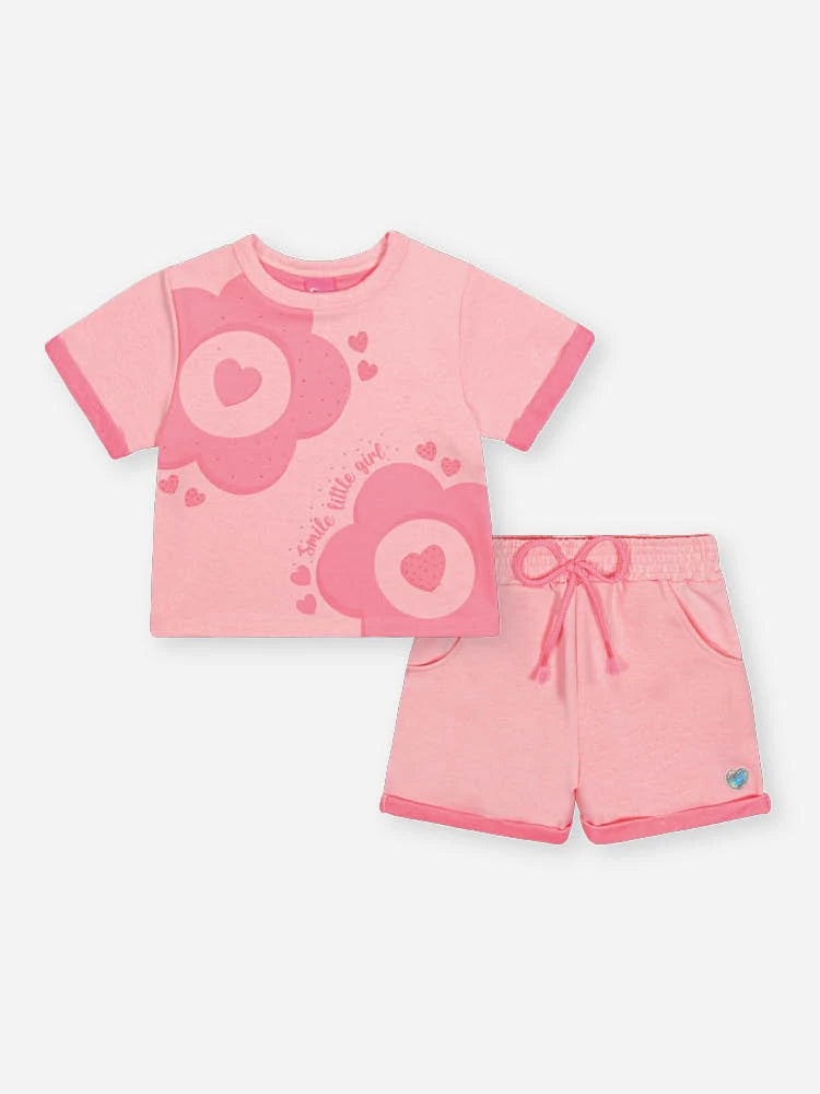 Conjunto Infantil Cinti Inverno com Shorts e Blusa Manga Curta Rosa Corações Strass