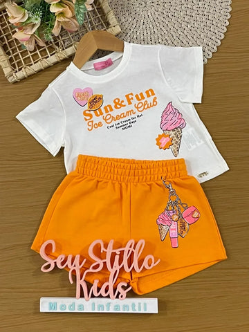 Conjunto Infantil Menina Momi Shorts Laranja e Blusa Sun & Fun Strass