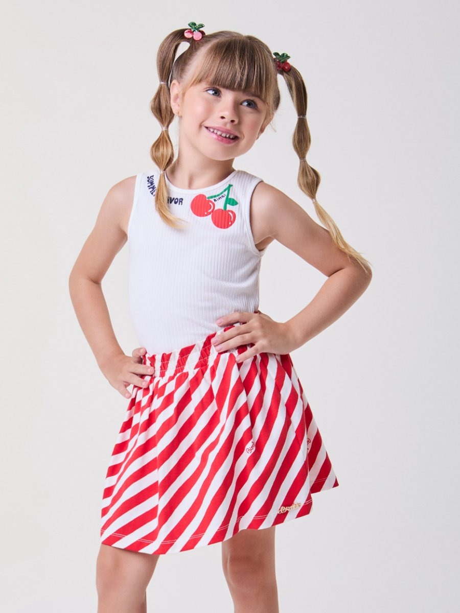 Conjunto Infantil Bimbi Verão com Saia Listrada e Regata Branca Cerejinha