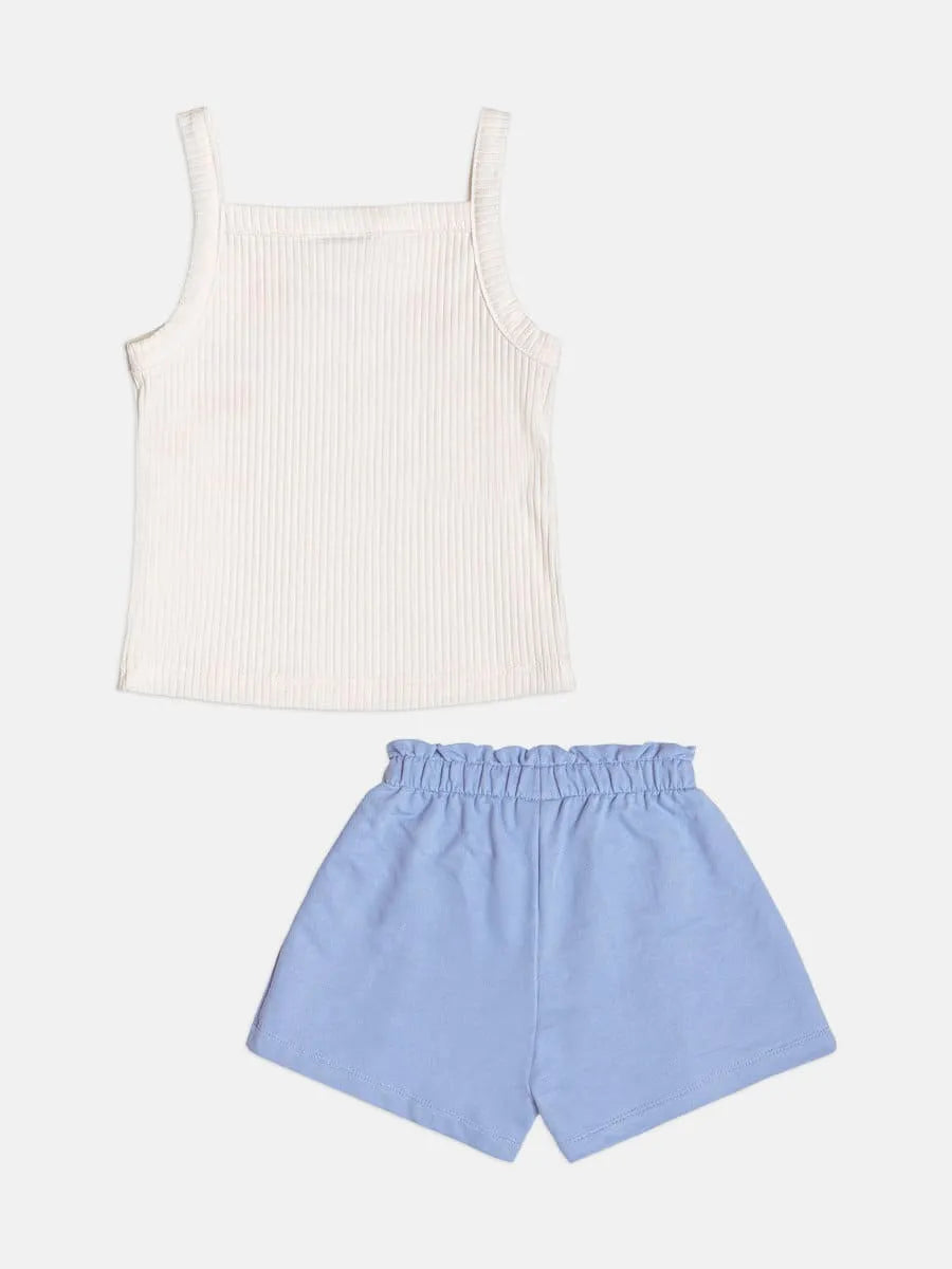 Conjunto Infantil Menina Momi com Shorts Azul e Blusa Branca Sweet Team