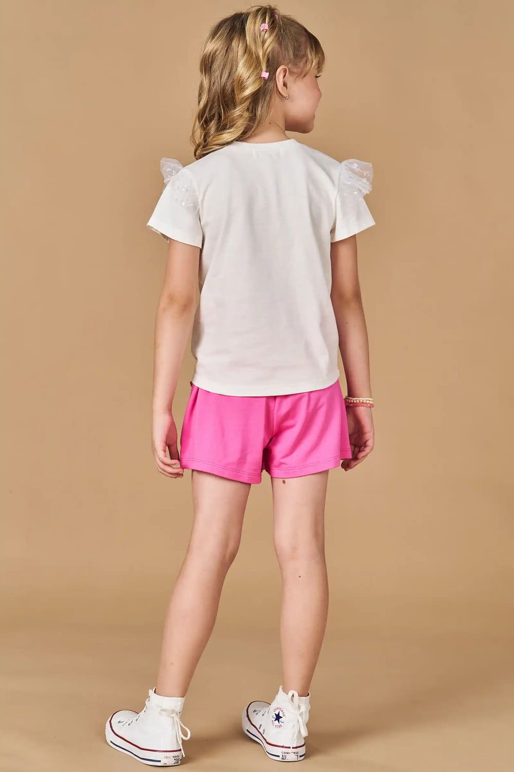 Conjunto Infantil Kukie Verão Com Shorts Saia Rosa e Blusa Ursinha