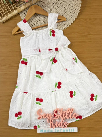 Vestido Infantil Momi Branco Laise Bordado Cereja